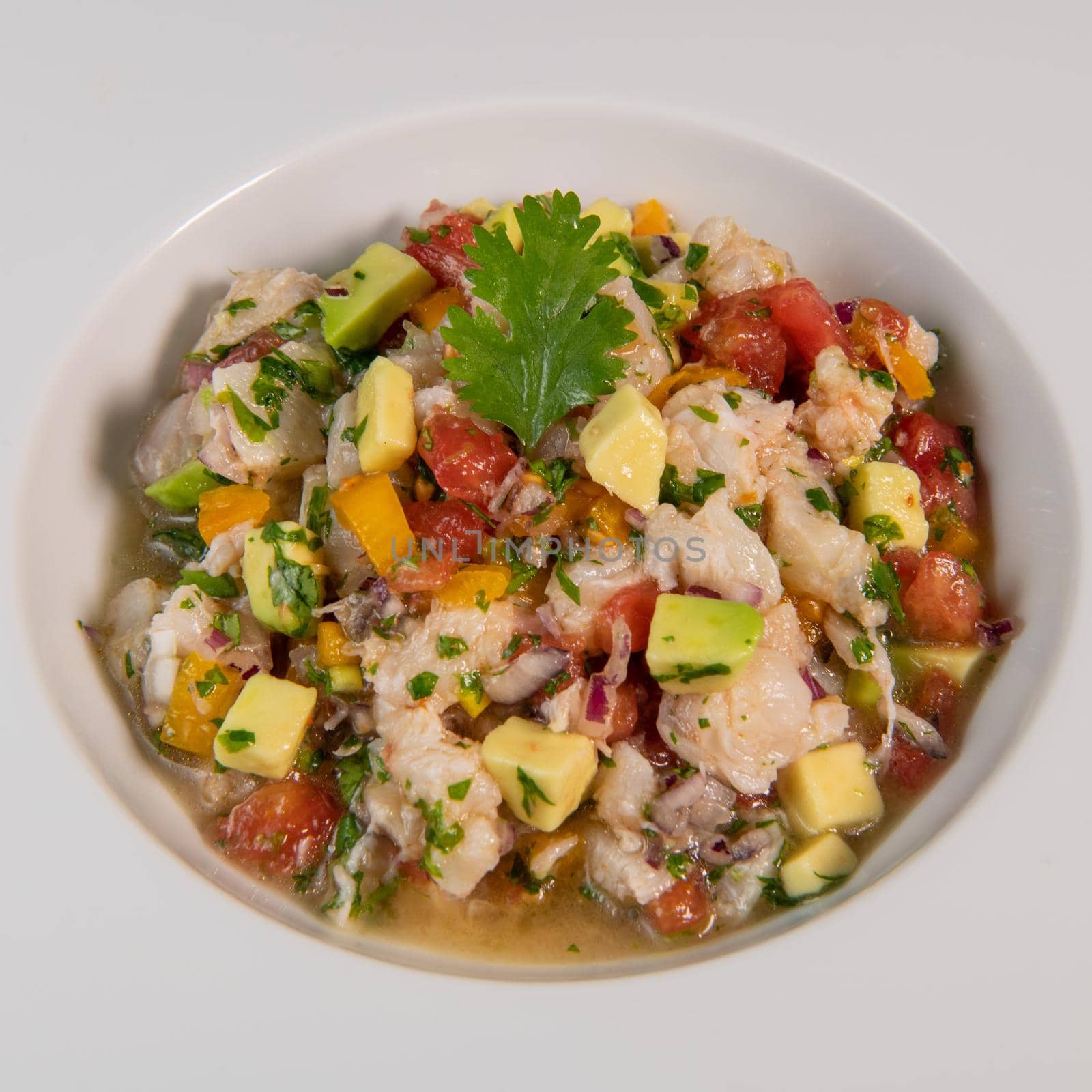 Cod Ceviche recipe, bread in oil and garlic. High quality photo