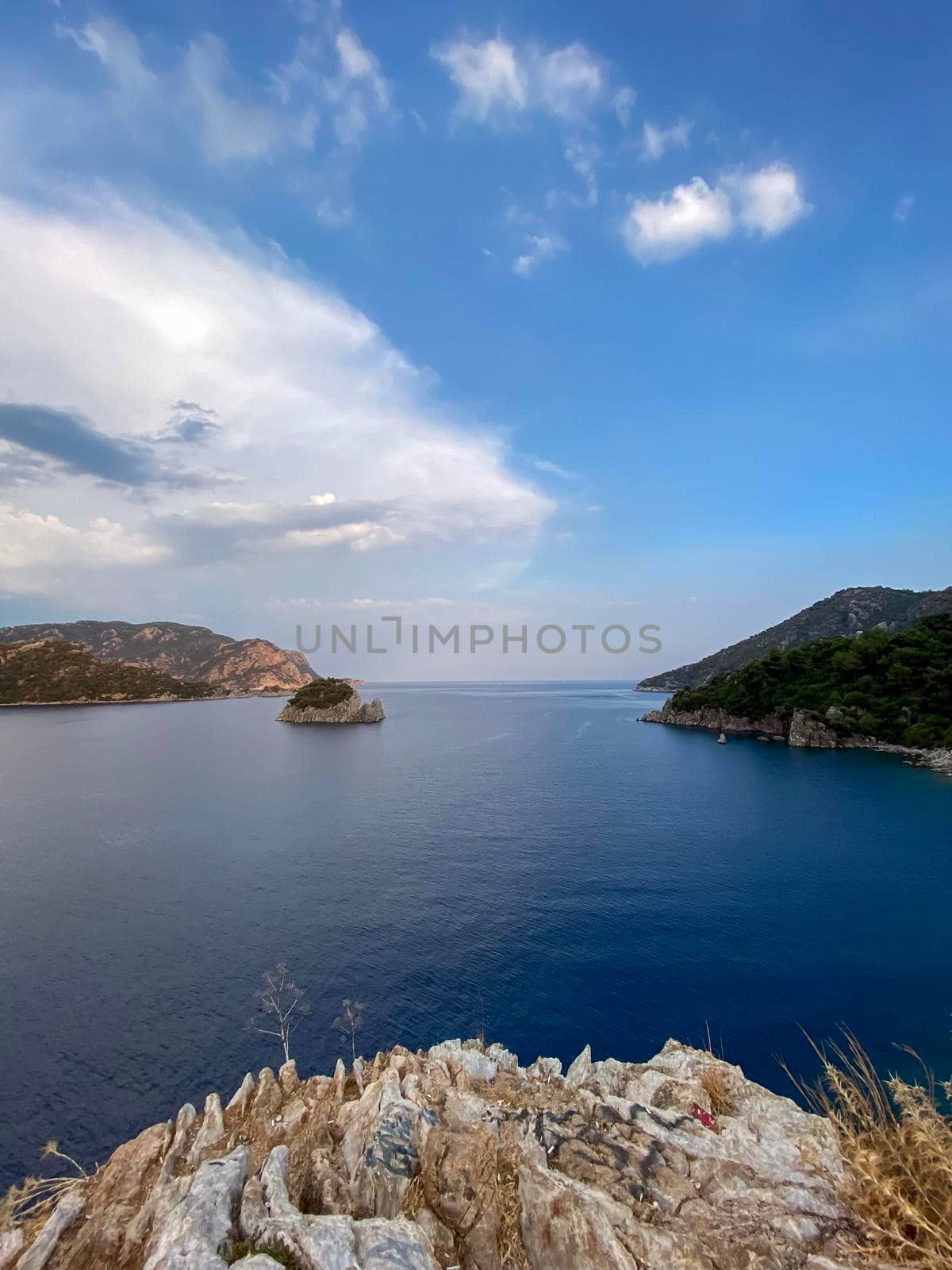 Aerial view of Marmaris at sunset, Turkey. View of the fortress and ships near the embankment. - stock photo. High quality photo
