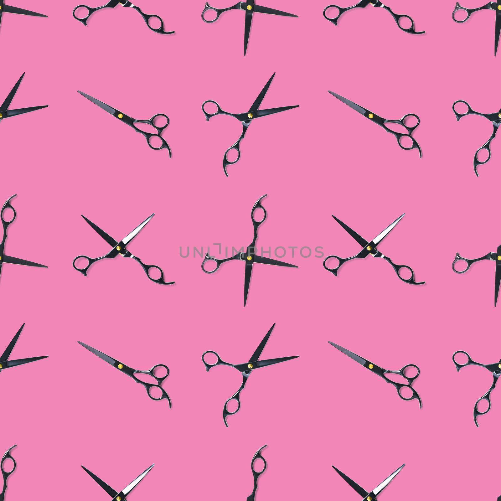 Seamless pattern of black scissors. professional hairdresser black scissors isolated on pink. Black barber scissors, close up. pop art background by PhotoTime
