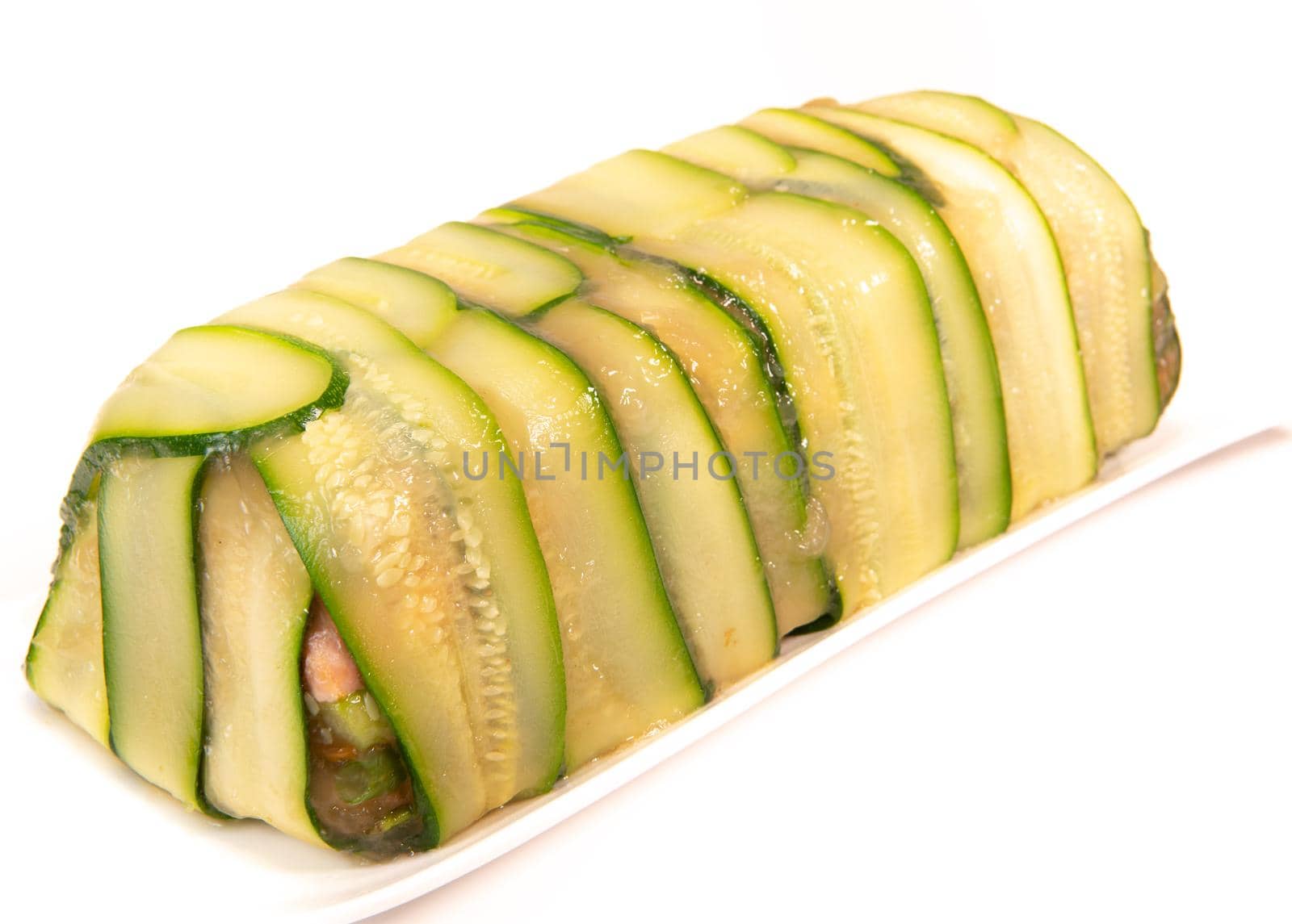 Recipe of marbled vegetables, salmon and langoustines, terrine salmon vegetables and langoustines. High quality photo