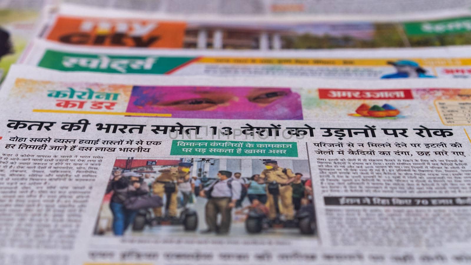 Dehradun, Uttarakhand India June 28, 2021. Hindi, Coronavirus COVID-19 News Headline in Newspaper of India. Headlines of the month March, April 2020.