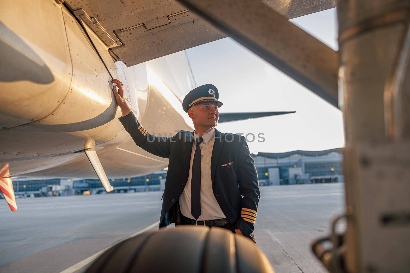 Portrait of professional young male pilot in uniform and hat looking aside, leaning on a big passenger airplane, posing in airport at sunset by Yaroslav_astakhov
