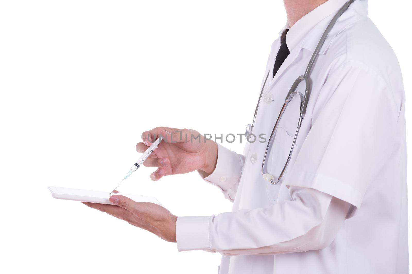 Doctor give injection to small tablet computer isolated on white background