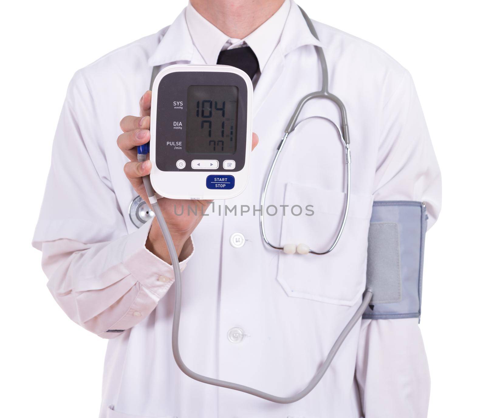 doctor with digital blood pressure monitor isolated on white background