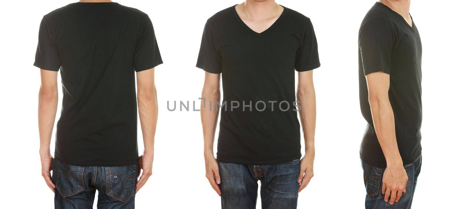 man with blank black t-shirt isolated on white background