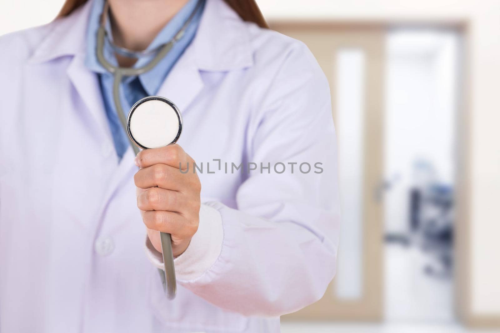close up stethoscope with female doctor in hospital   by geargodz