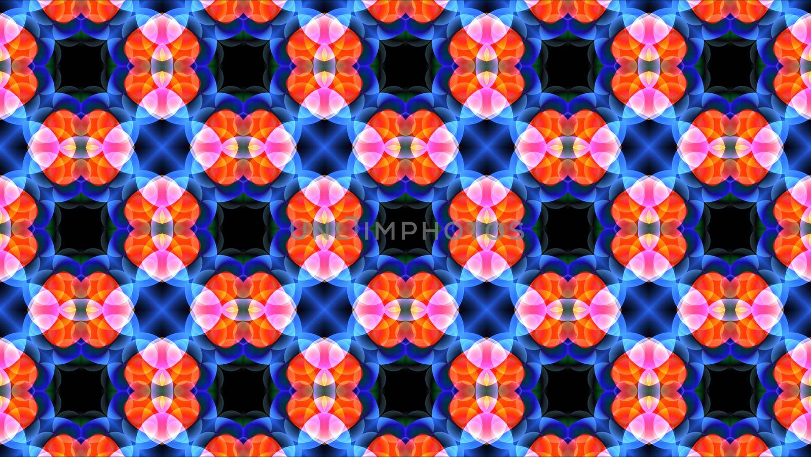 four big heart shape glow orange color on blue cross art  kaleidoscope reflection texture background