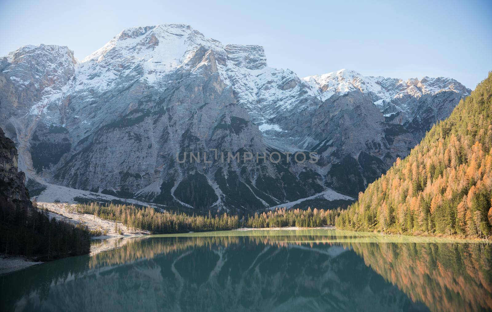 Dolomites nature. Lago di braies lake. Huge beautiful mountains. Wide shot