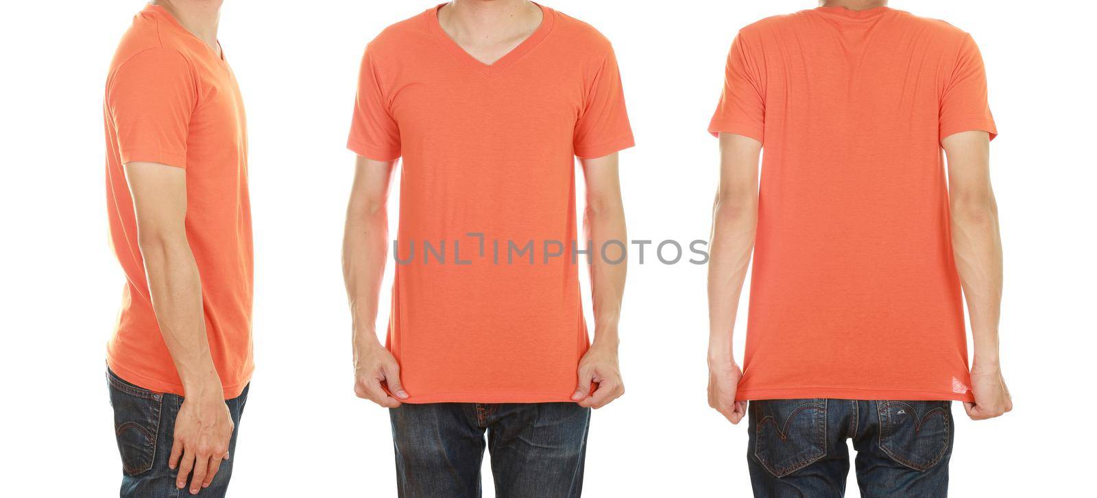 man with blank orange t-shirt isolated on white background