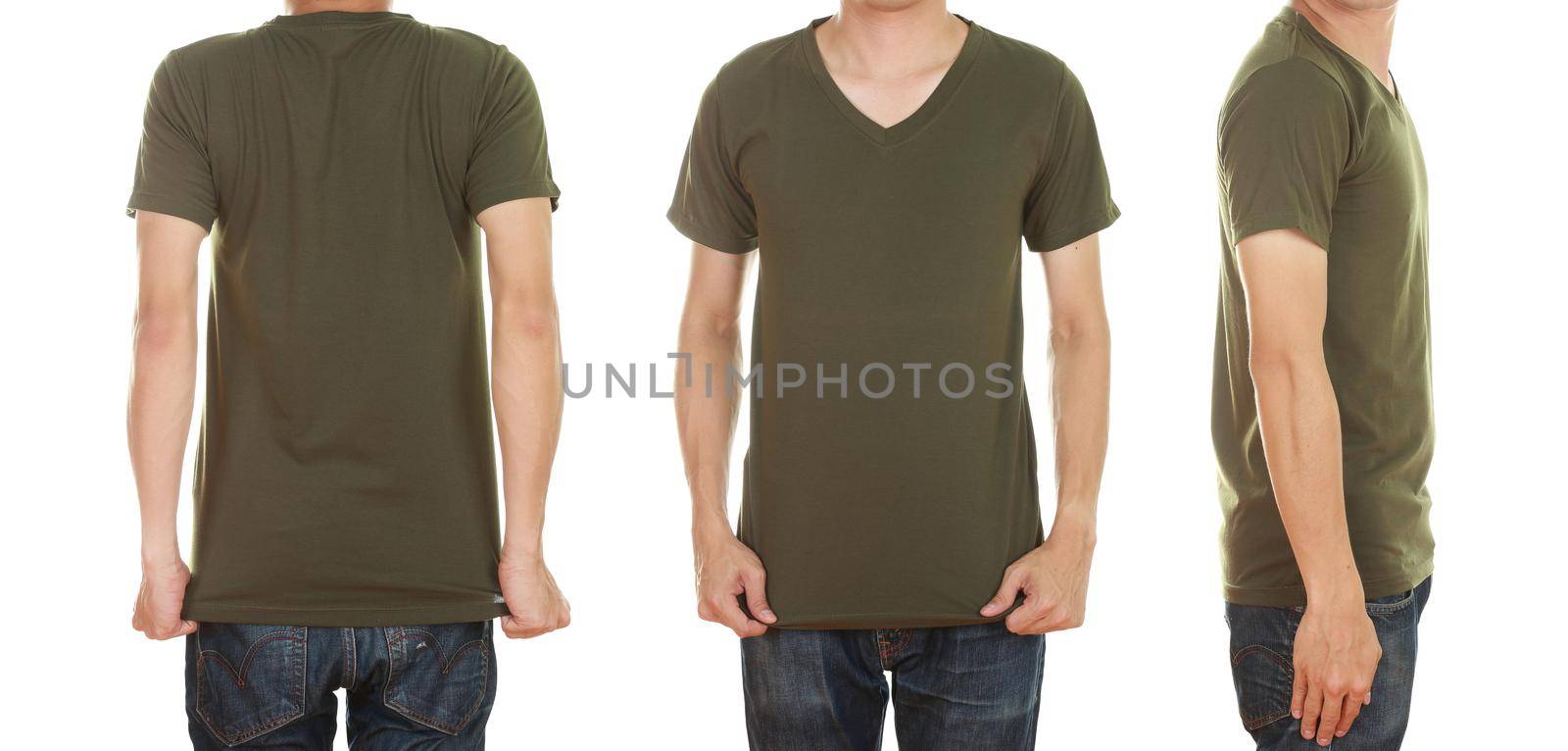 man with blank green t-shirt isolated on white background