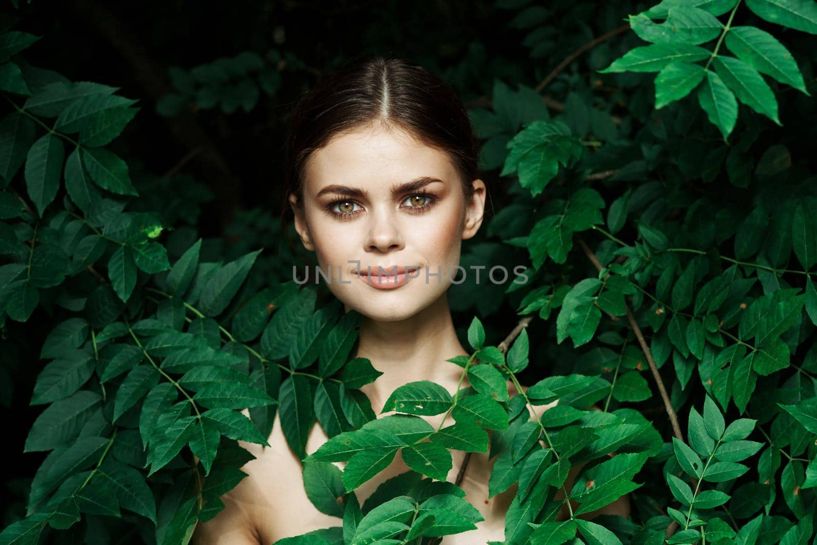 beautiful woman Cosmetology nature green leaves glamor close-up. High quality photo