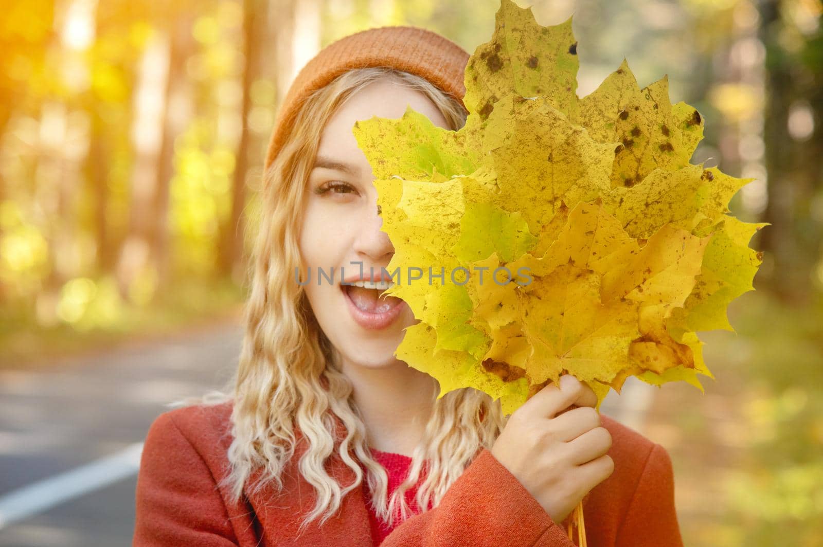 Portrait of attractive Caucasian young blonde girl in red coat in a red hat with a bouquet of fallen yellow leaves smiling in the autumn forest and covering her face with leaves. The concept of autumn and fall holidays and weekends.