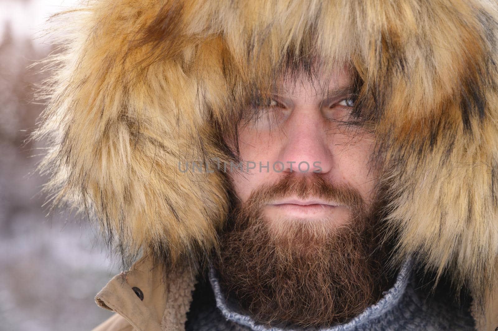 A man dressed in a hooded casual jacket jacket outerwear stern from under the hood a serious portrait of a person in the winter forest. Outdoor time and winter equipment concept image.