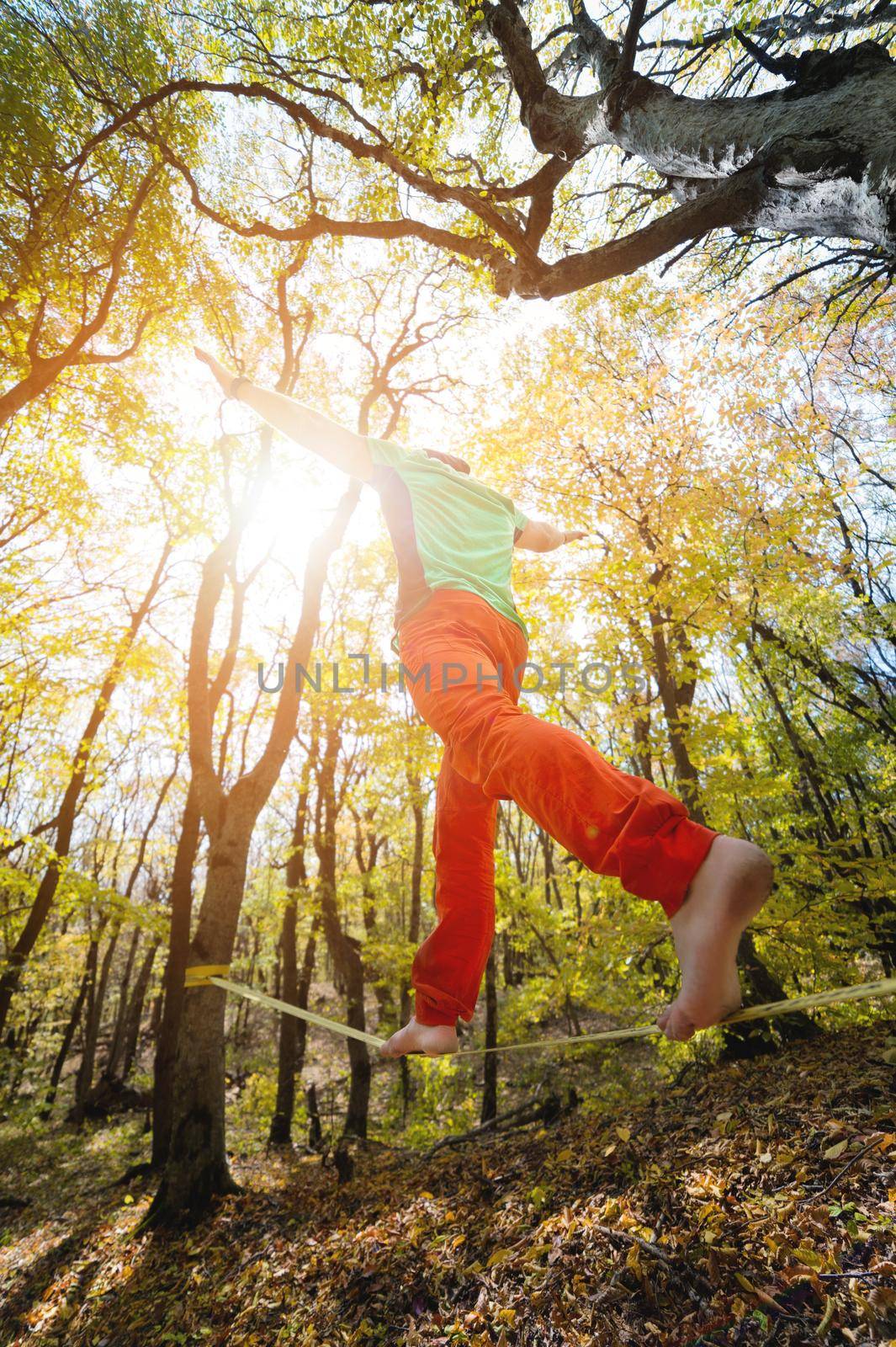 Wide angle male tightrope walker balancing barefoot on slackline in autumn forest. The concept of outdoor sports and active life of people aged.