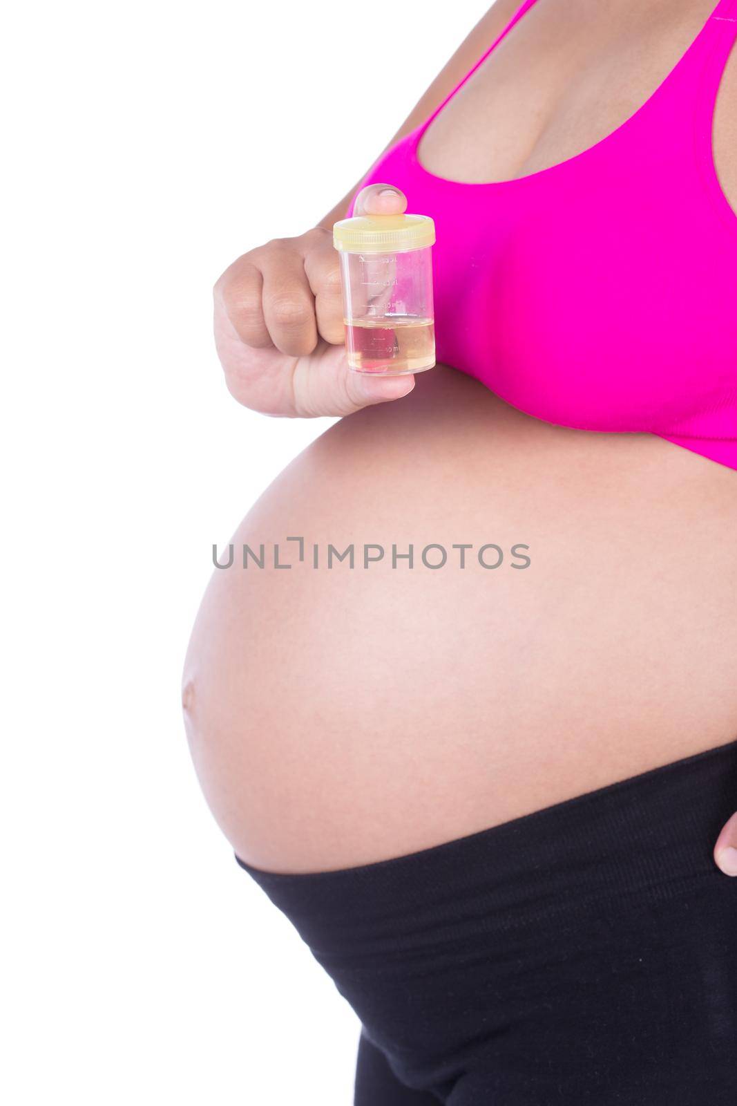 close-up belly of pregnant woman with urine bottle  isolated on white background
