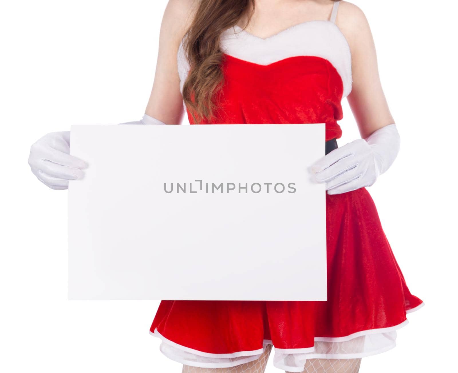 woman wearing santa claus clothes with blank sign isolated on white background