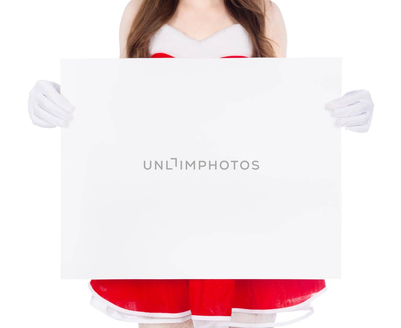 woman wearing santa claus clothes with blank sign on white background by geargodz