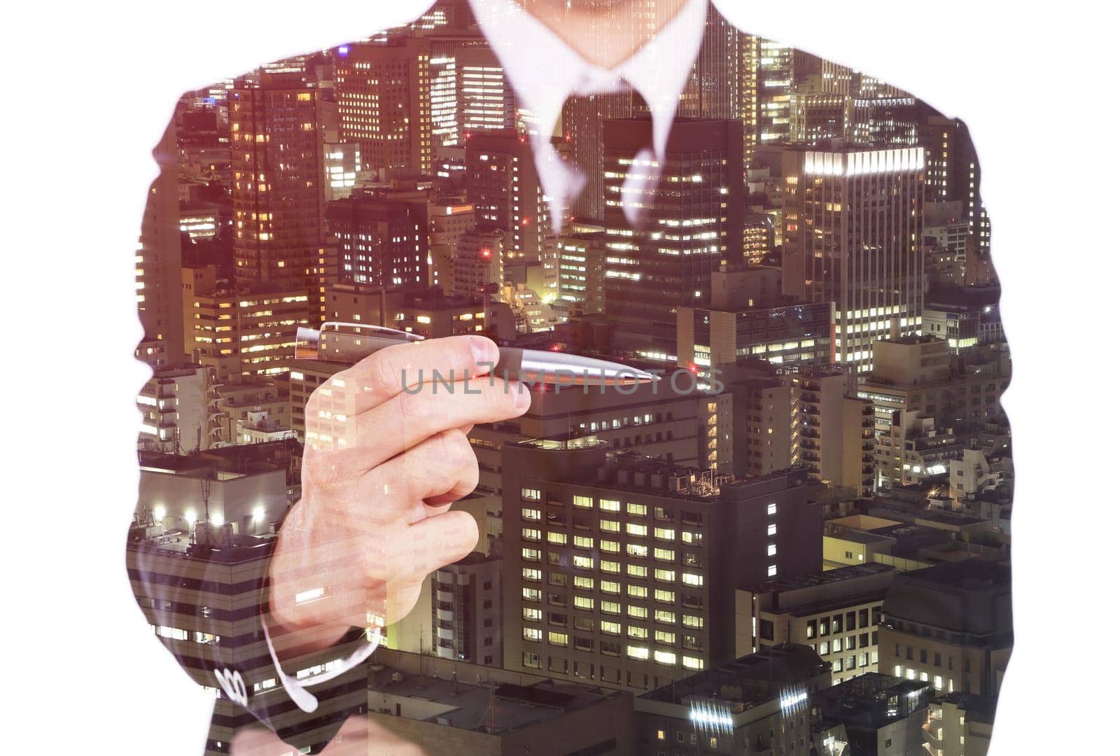 Double exposure of business man holding a pen against city isolated on white background by geargodz