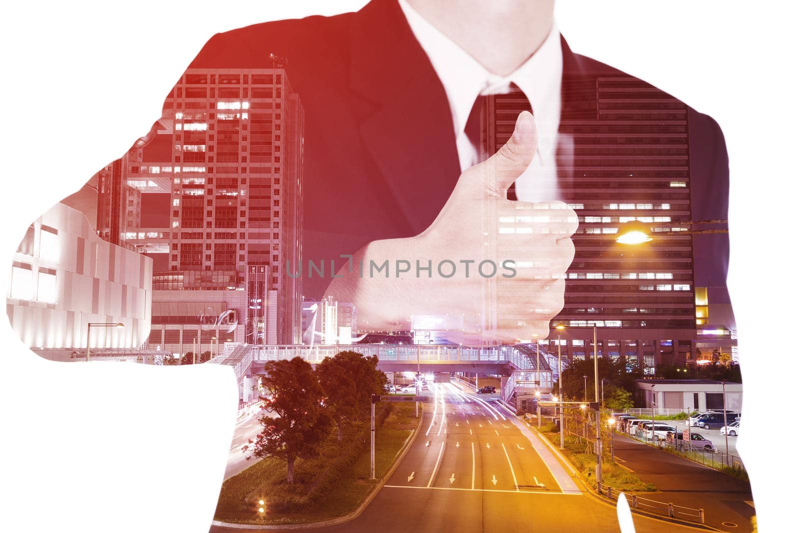 Double exposure of business man showing thumbs up gesture against city isolated on white background by geargodz