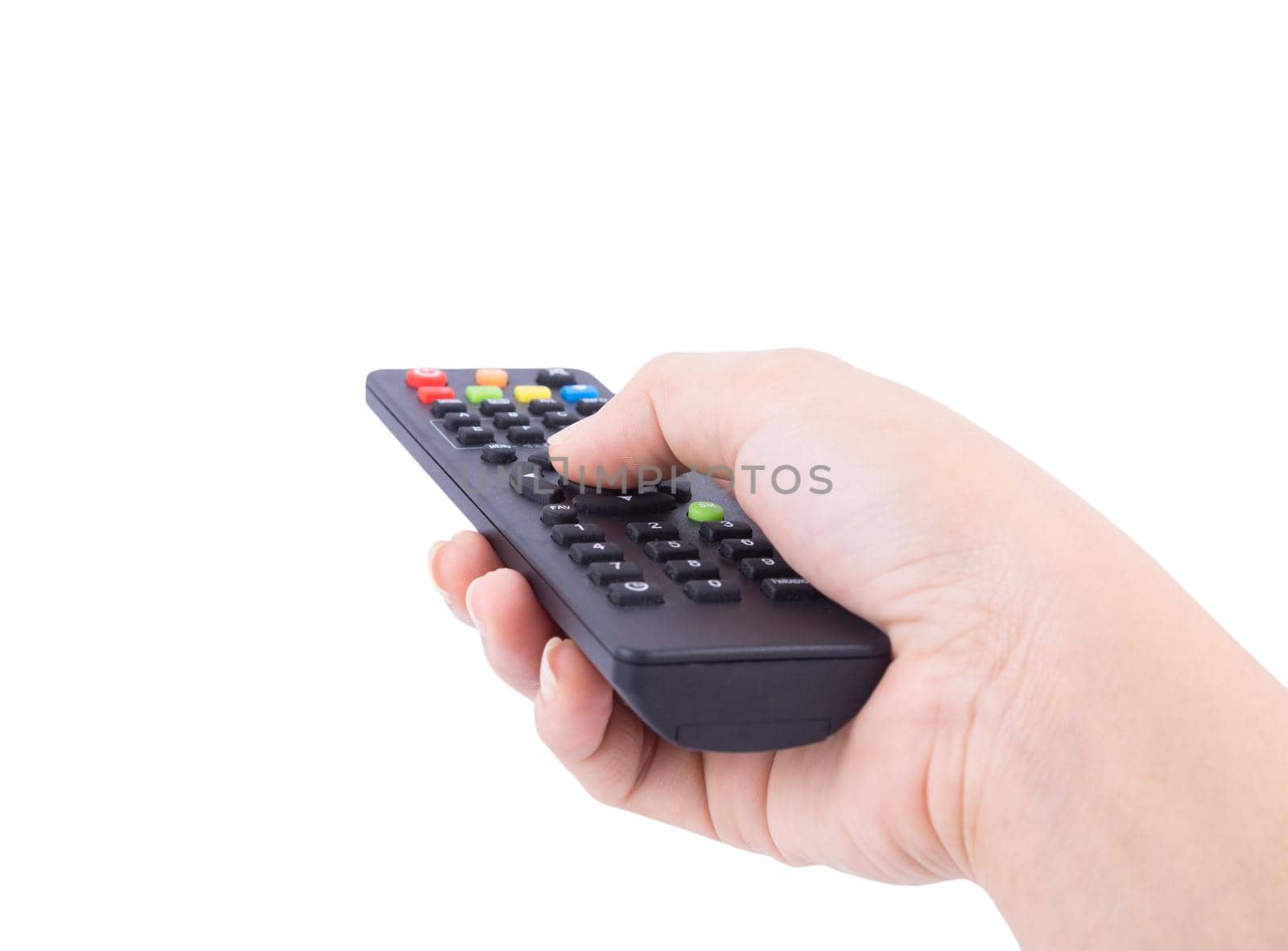 hand with tv remote control isolated on white  by geargodz