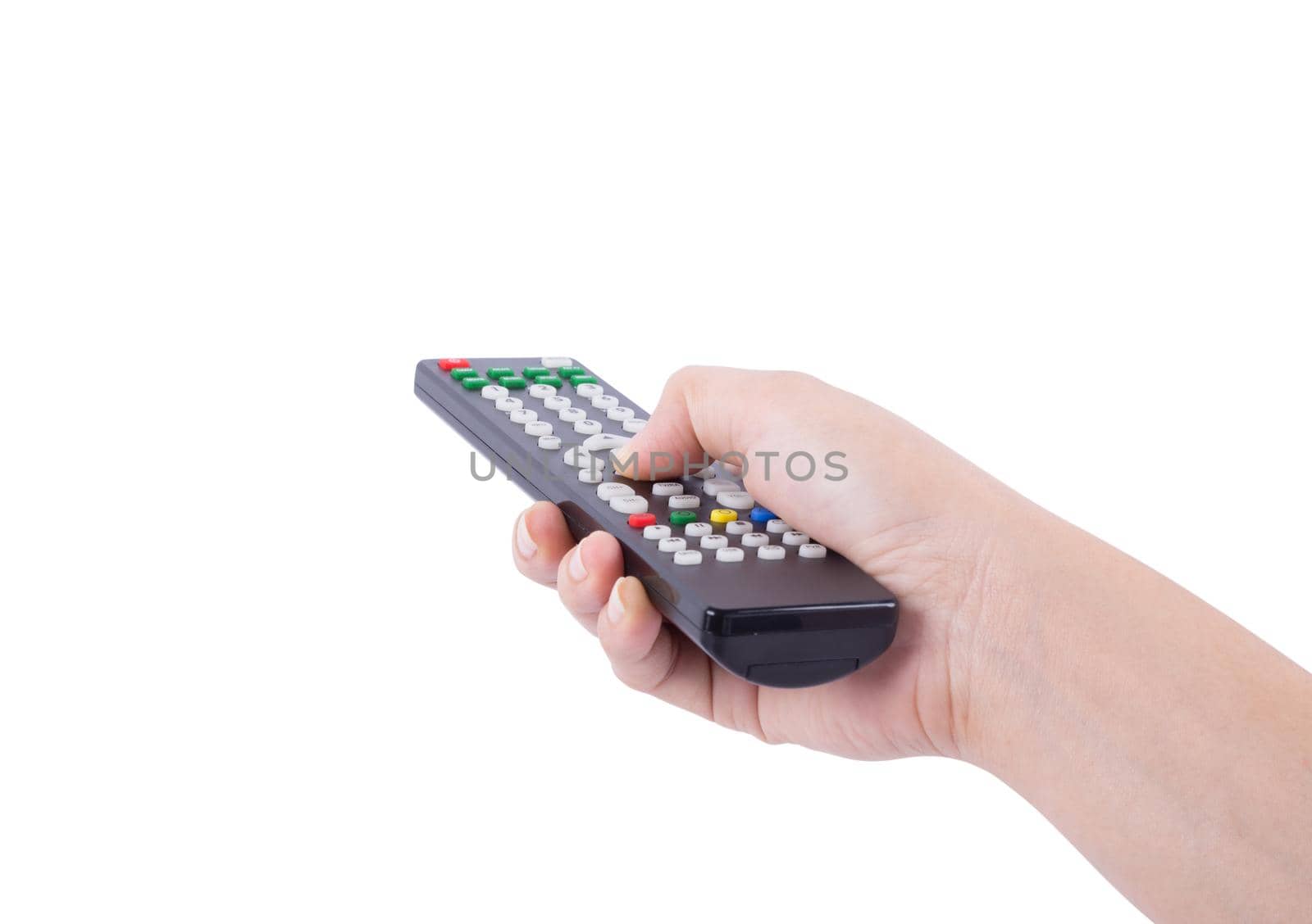 hand with tv remote control isolated on white  by geargodz