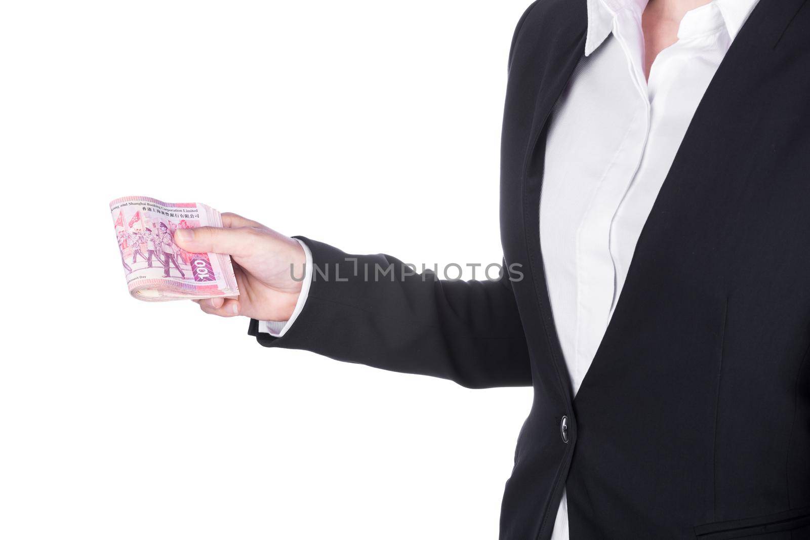 woman in suit with Hong Kong Dollar money isolated on white background