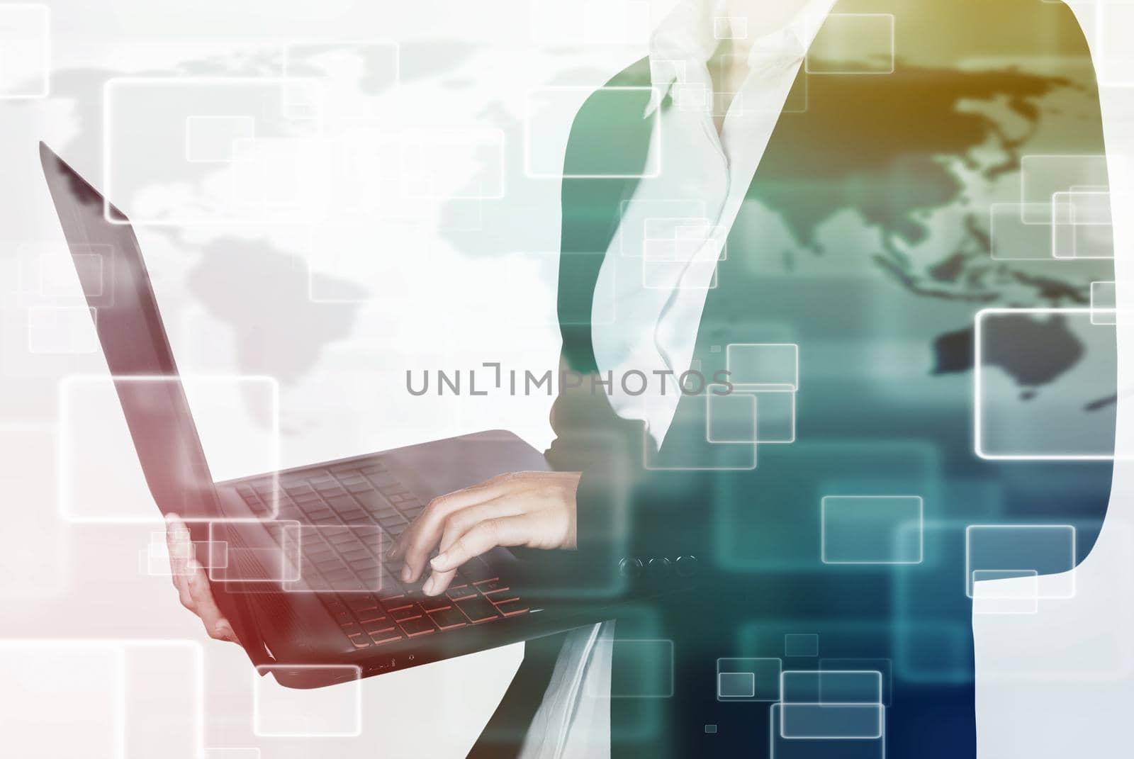 double exposure business woman with laptop by geargodz