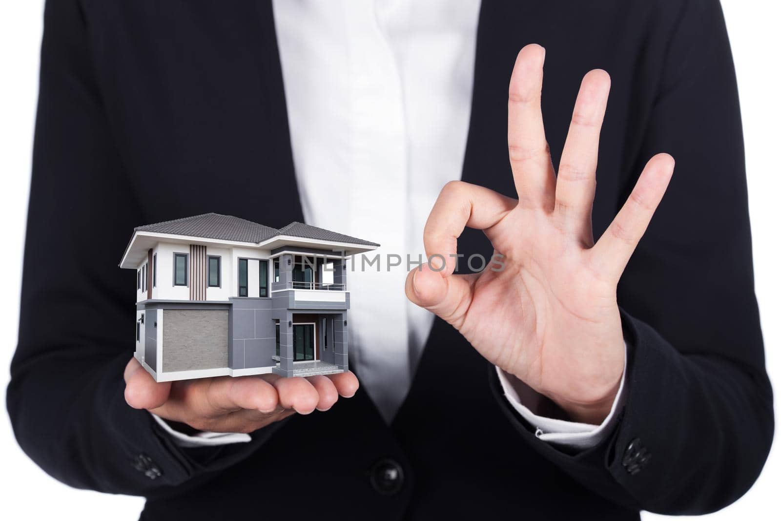 house in business human hand and OK sign isolated on white  by geargodz