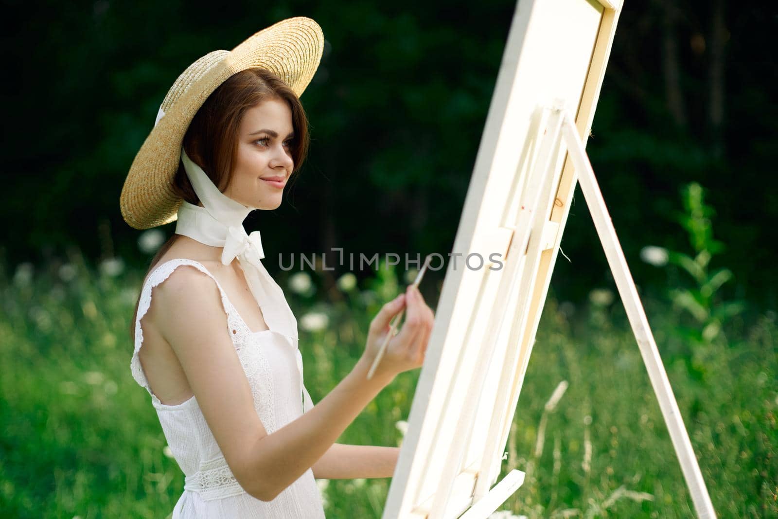 Woman in white dress artist hobby nature landscape by Vichizh