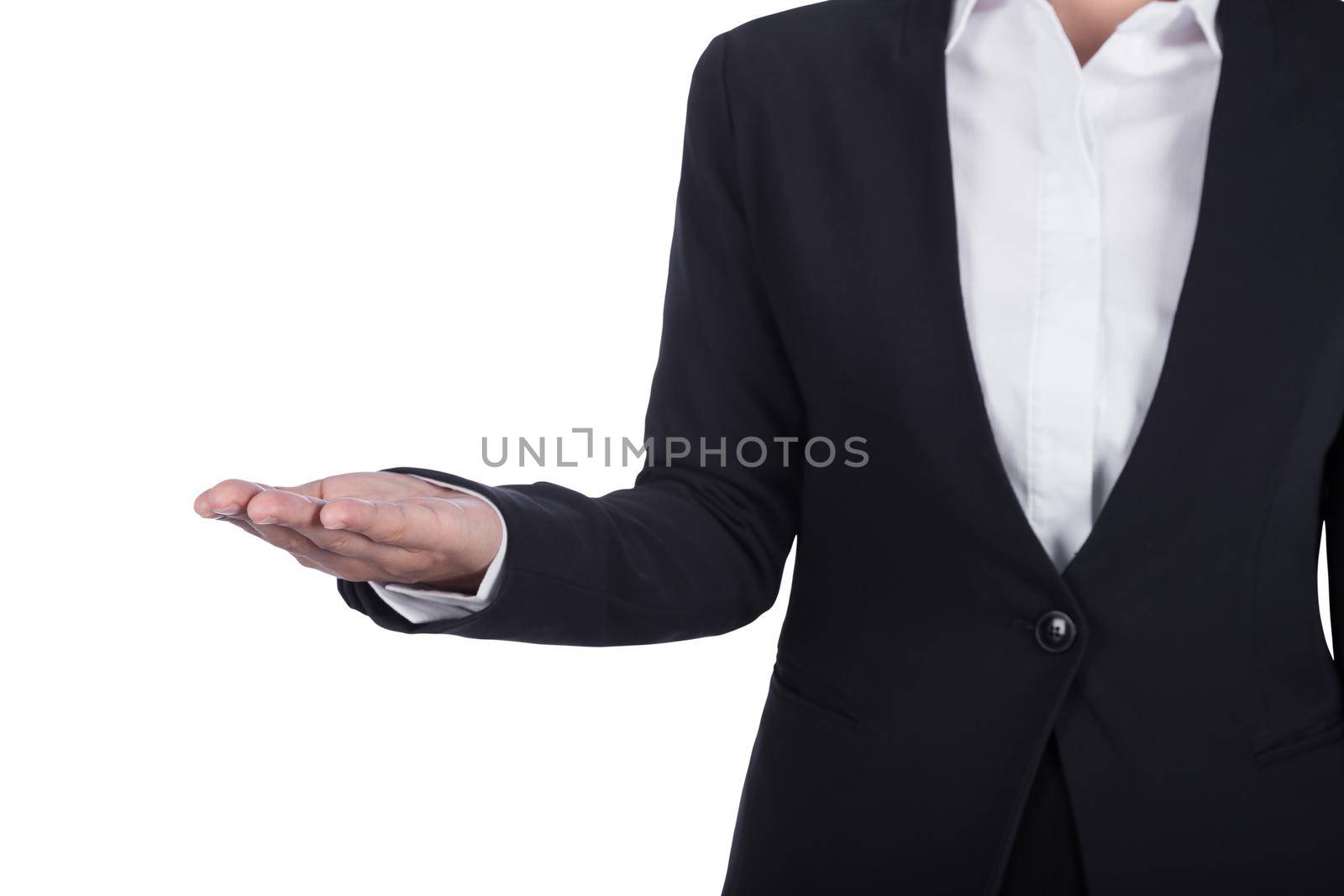 business woman open hand holding something isolated on white background by geargodz