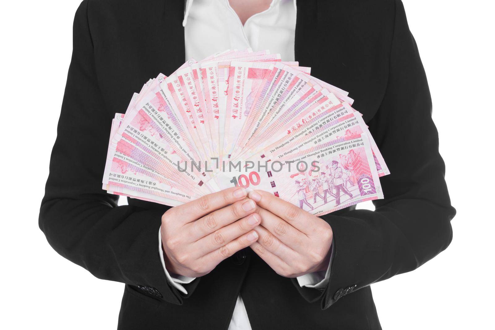 woman in suit with Hong Kong Dollar money isolated on white  by geargodz