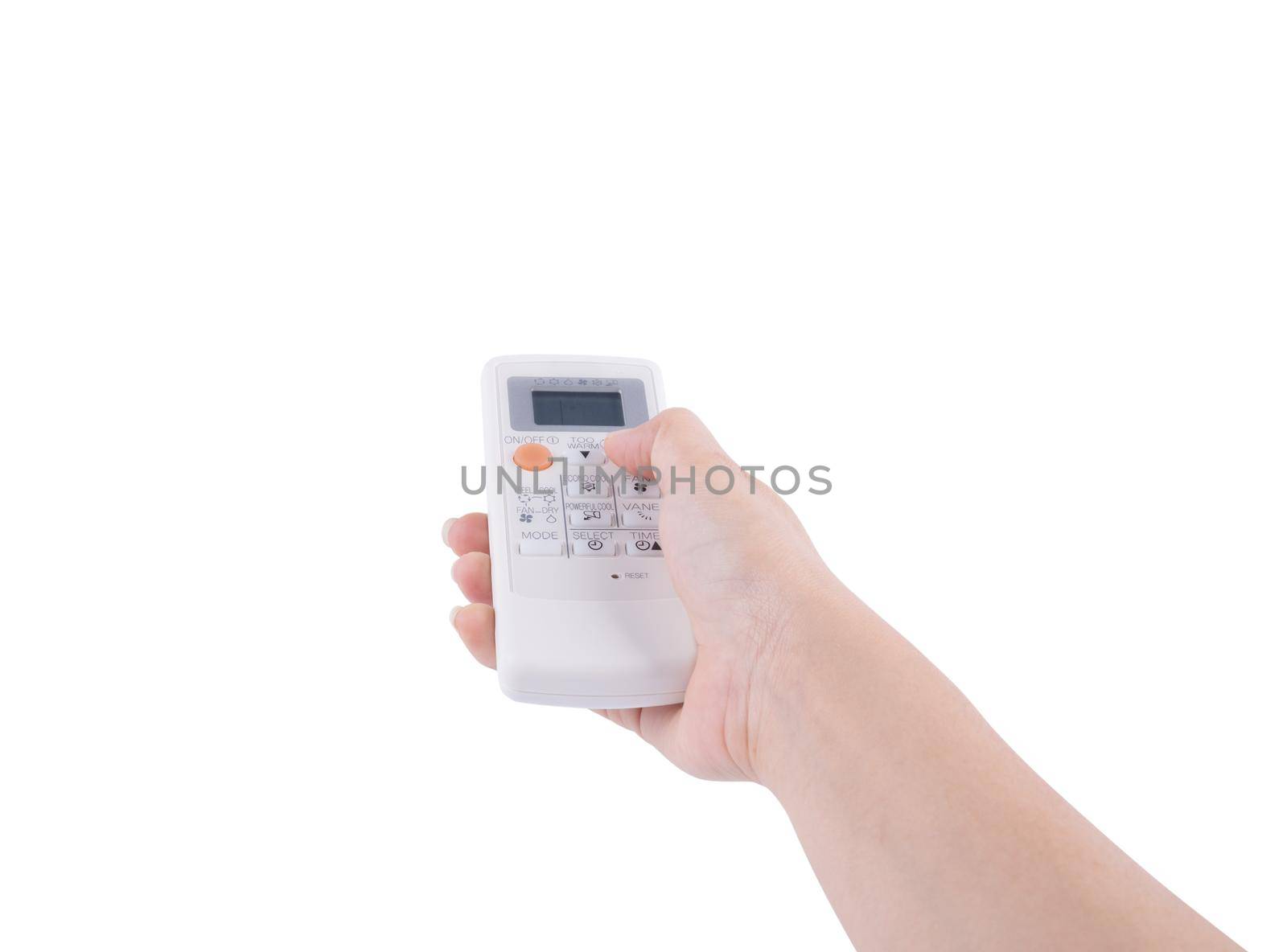 hand with air conditioner remote control isolated on white background