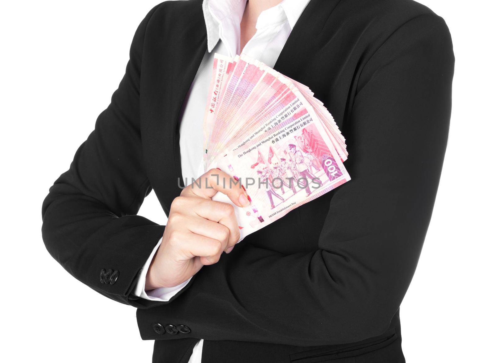 woman in suit with Hong Kong Dollar money isolated on white background