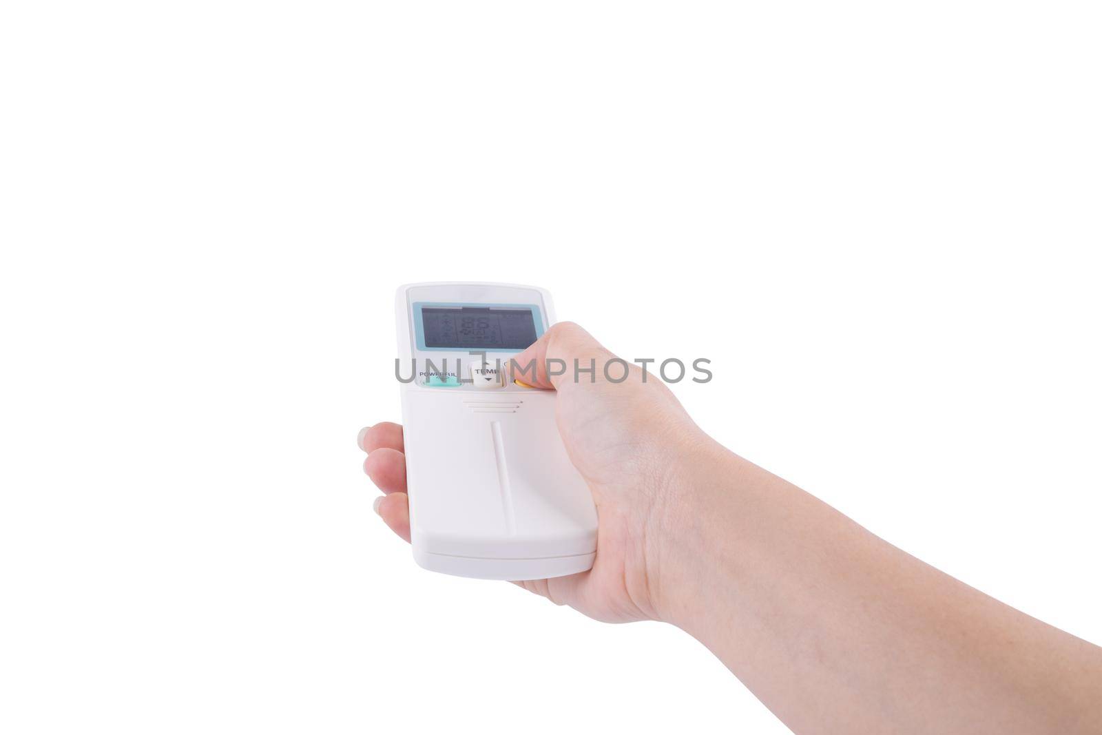 hand with air conditioner remote control isolated on white background