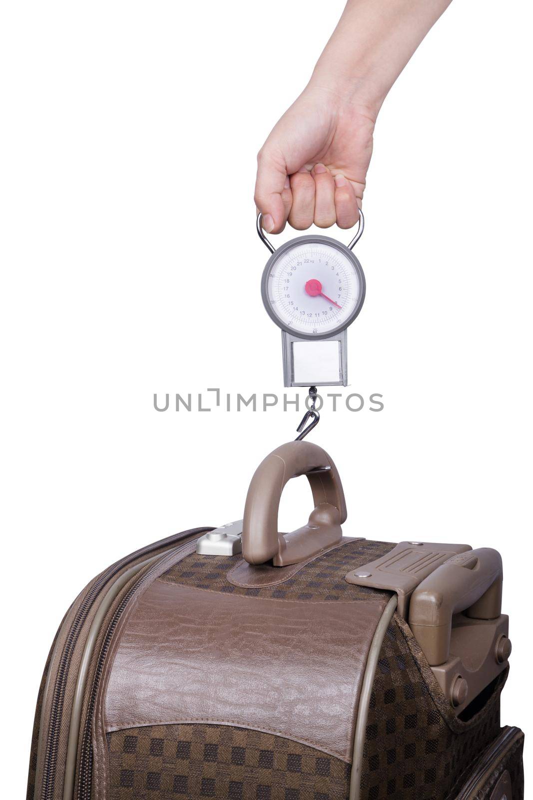 Passenger checking luggage weight with scale before flight isolated on white background