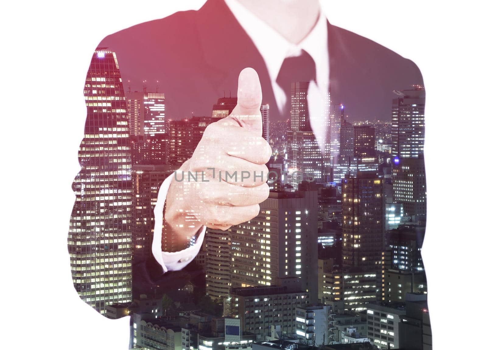 Double exposure of business man showing thumbs up gesture against the city isolated on white background