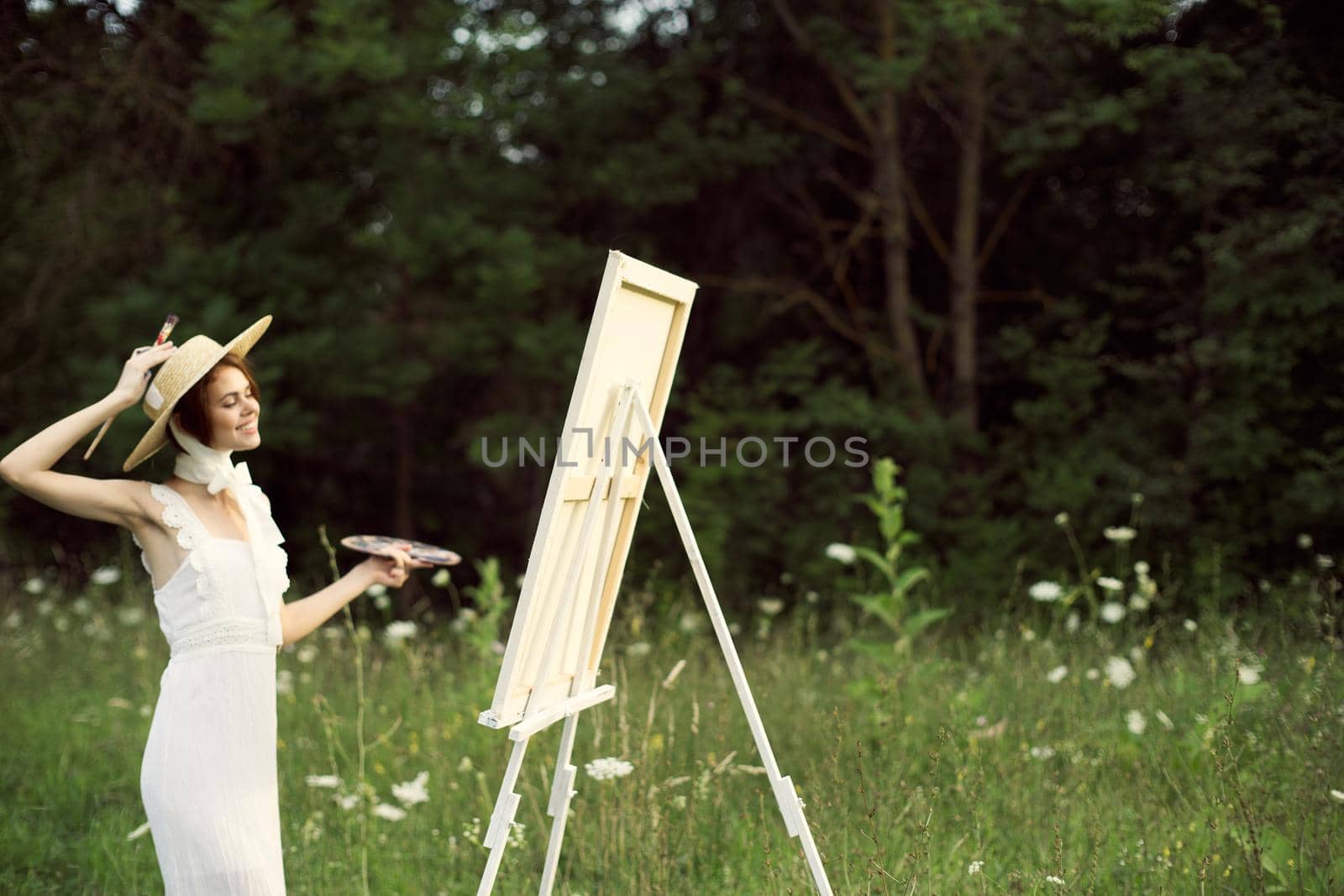 cheerful woman outdoors drawing art landscape hobby by Vichizh