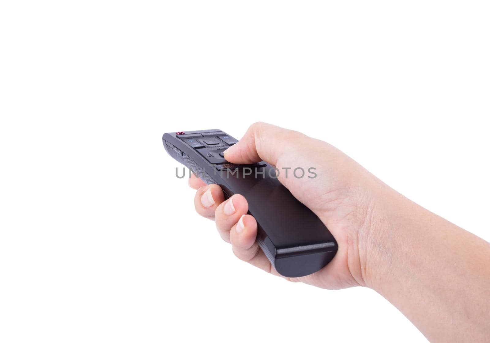 hand with multimedia tv remote control isolated on white background