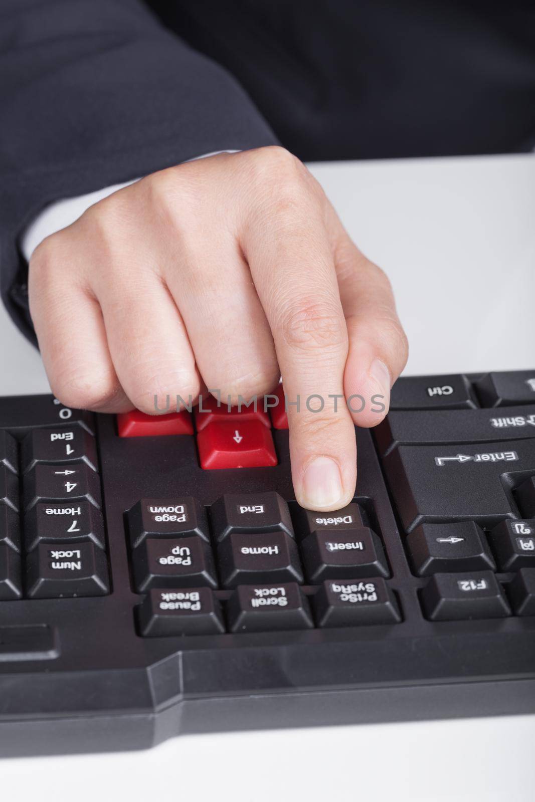 finger pushing delete button on keyboard of computer by geargodz