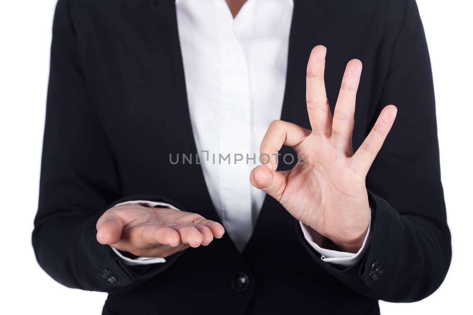 business woman open hand holding something and showing OK sign by geargodz