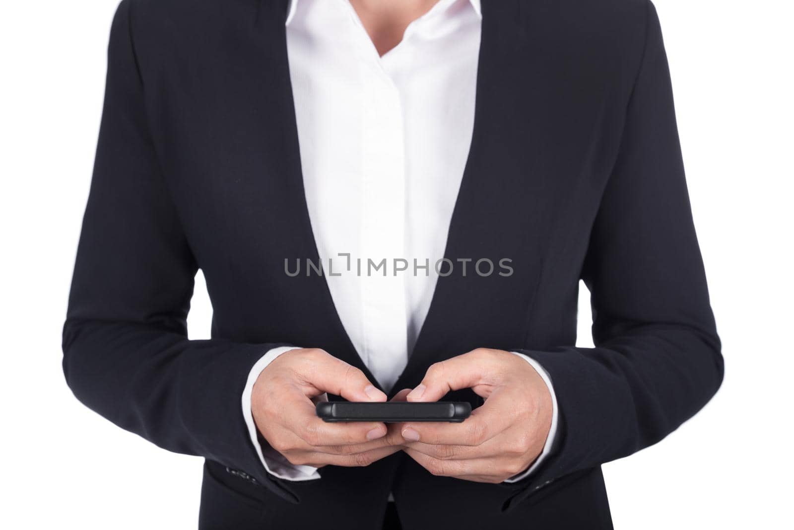 hand of business woman using smart phone isolated on white background