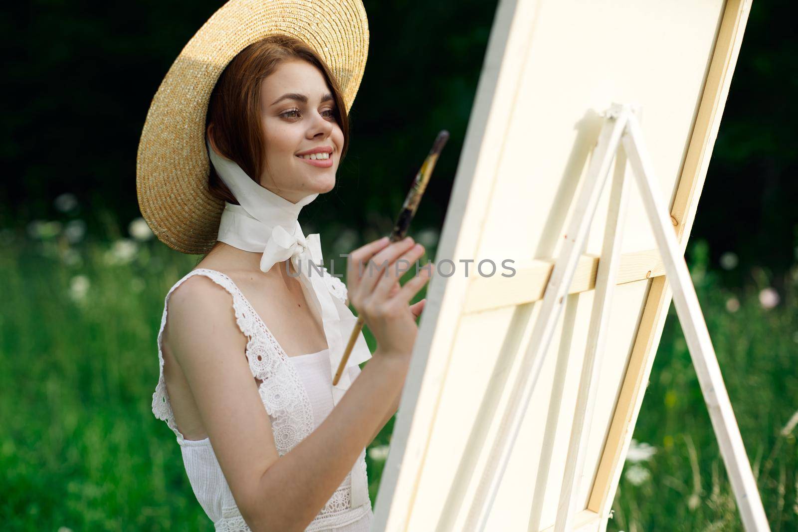 Woman in white dress artist easel painting nature landscape by Vichizh