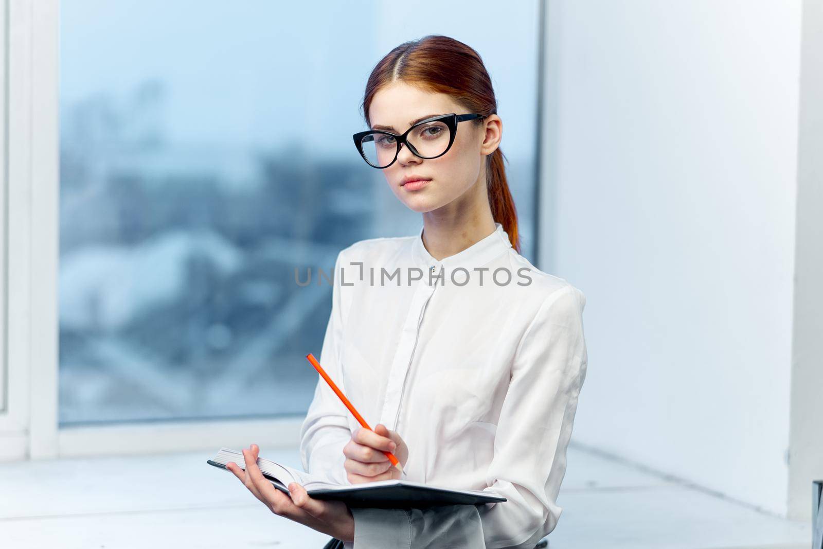 Business woman documents office professional work. High quality photo