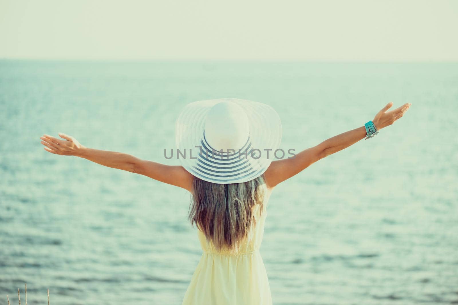 Happy young woman wearing in dress and hat with a wide brim standing with raised arms and enjoying view of sea, rear view. Toned image