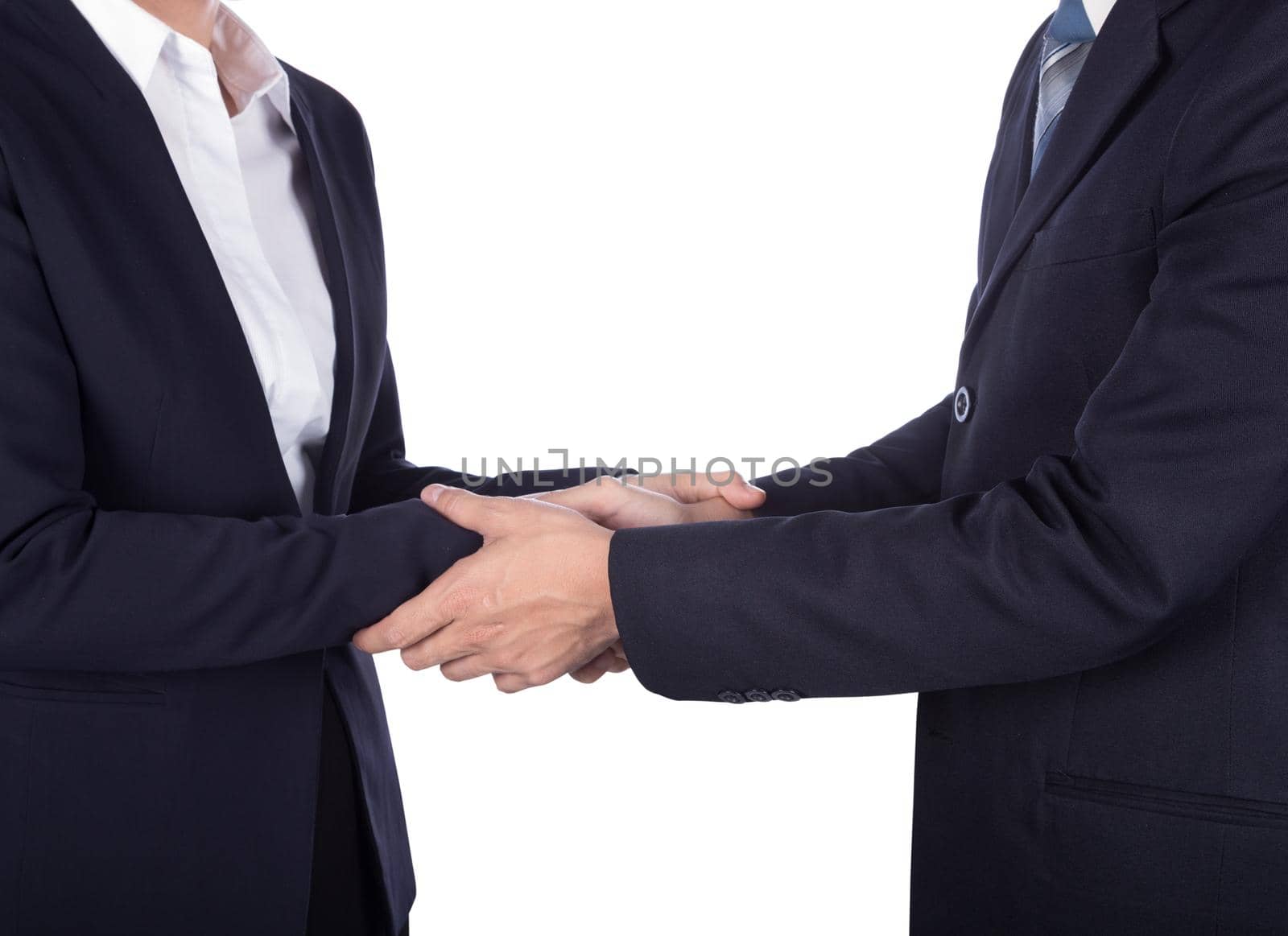 shaking hand between businessman and businesswoman isolated on white background