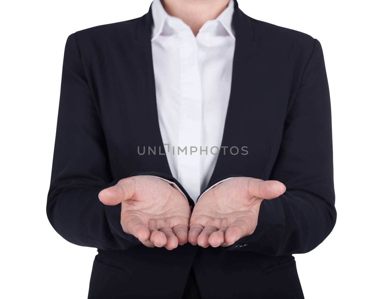 business woman open hand holding something isolated on white background by geargodz