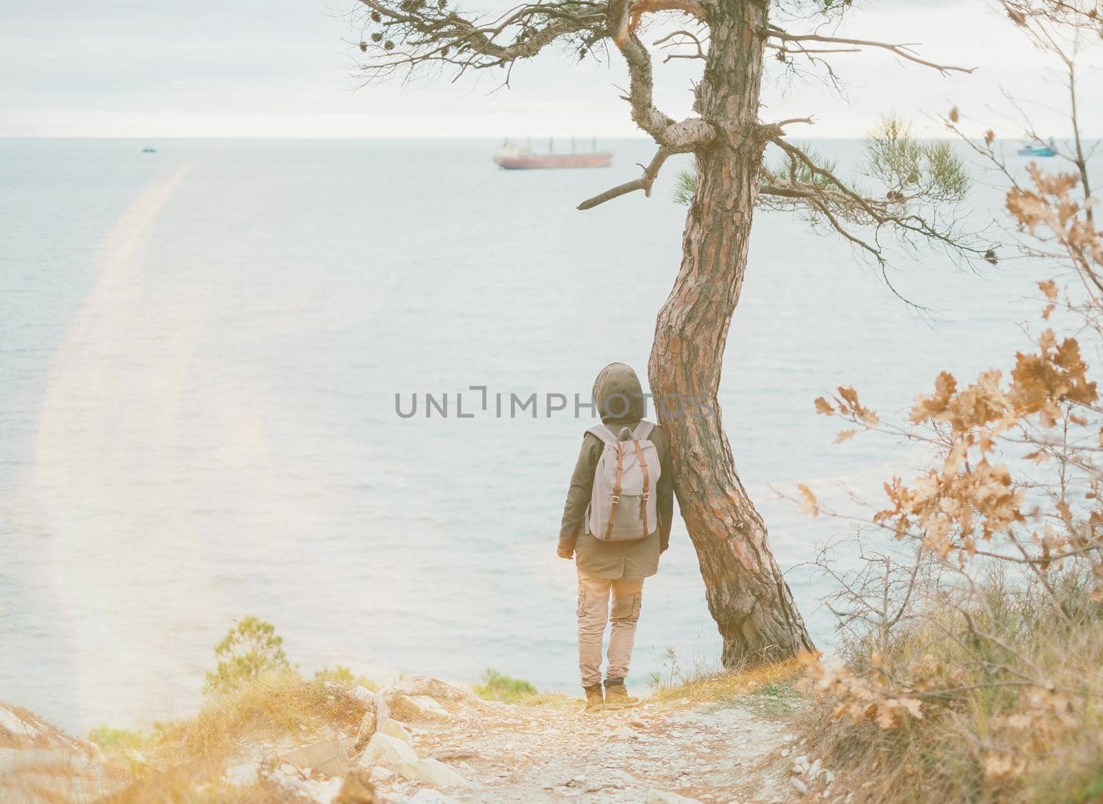 Unrecognizable female traveler with backpack standing near a tree and looking at sea in sunny day, rear view. Image with sunlight effect.