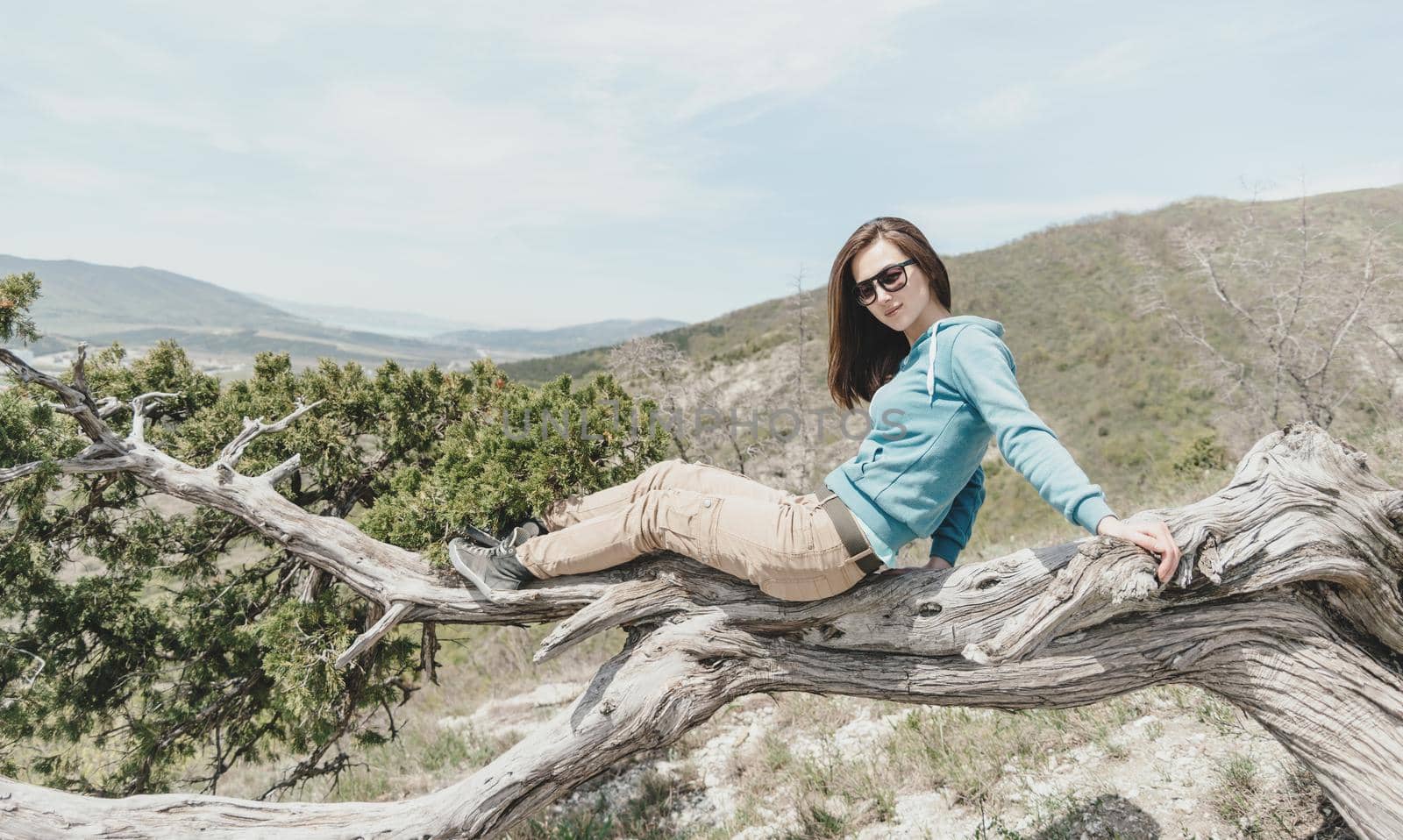 Beautiful girl in sunglasses resting on juniper tree outdoor, looking at camera