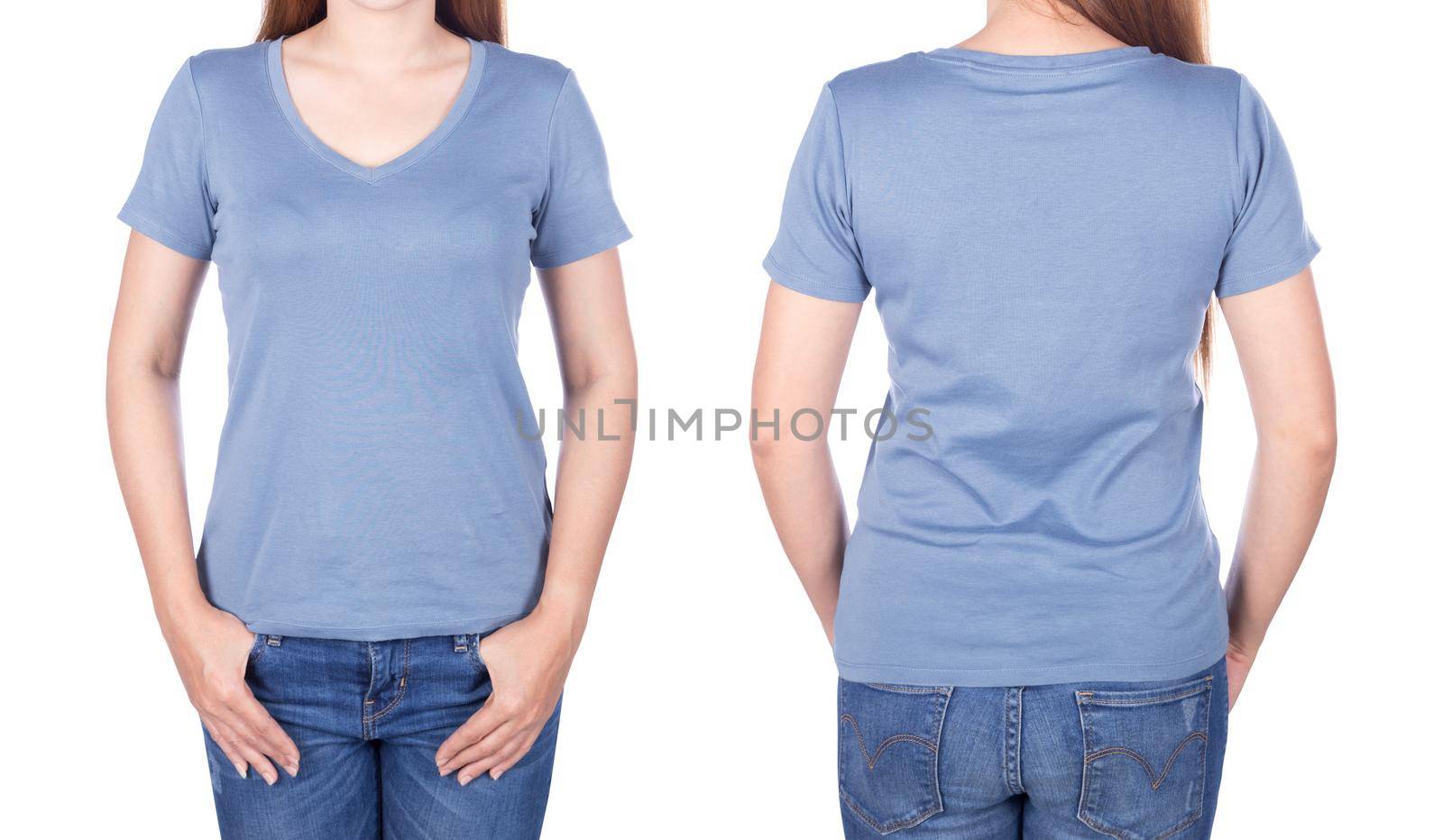 woman in blue t-shirt isolated on white background by geargodz