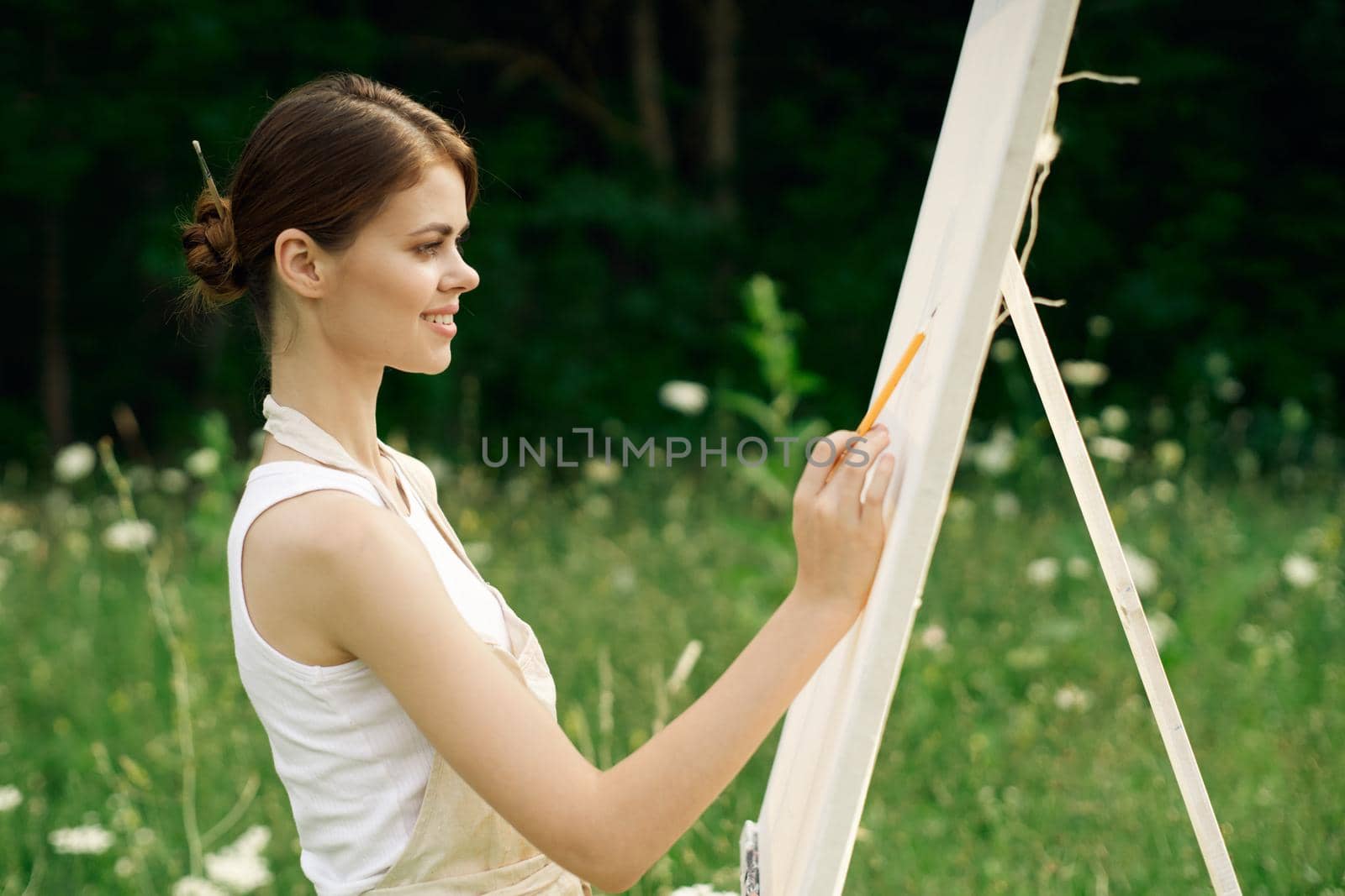 woman artist art drawing nature landscape hobby. High quality photo